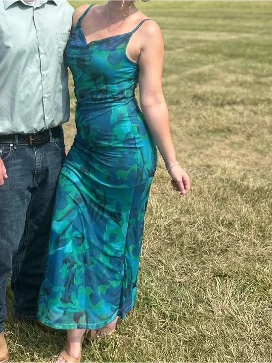 Blue Green Floral Slip Dress with Cowl Neck - Picture 3 of 3